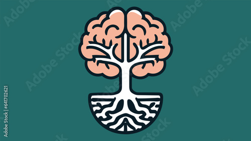A tree whose roots form a brain, representing growth and intelligence, Vector simple design