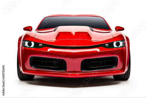 Sport Car Front View. Accelerating Red American Auto  with Detailed Design and Elite Beauty  Isolated on White Background