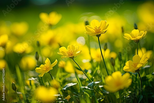 Yellow Spring Flowers on Green Meadow: A Breath-taking Display of Nature's Beauty