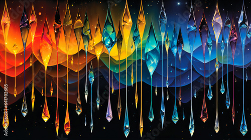 Patterns of cascading graphic raindrops, each drop a prism of angular facets