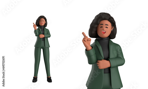 3d black business woman executive wearing a green suit pose standing with laptop, tablet, mobile phone, megaphone isolated on transparent background, 3d rendering