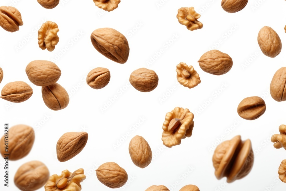 Walnuts suspended in mid-air isolated on white background. Generative AI Walnuts suspended in mid-air isolated on white background. Generative AI