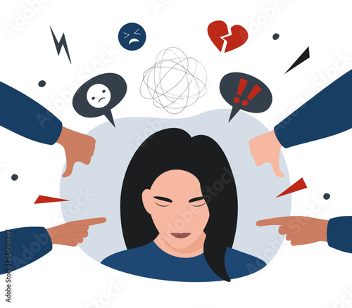 Bullying concept. Opinion and the pressure of society. Shame. Flat vector illustration of hate, violence, stress. Teen girl or woman with a broken heart.