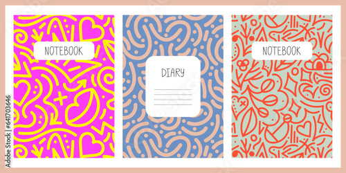 Set of colorful cover page templates for print products, stationery, notebooks, workbooks, diaries, brochures, planners. Vector illustrations, layout background composition designs