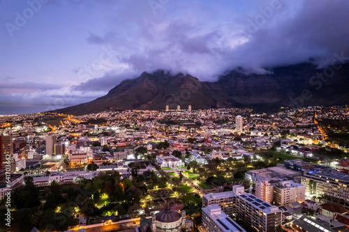 Aerial view of Cape Town city centre at sunset in Western Cape, South Africa