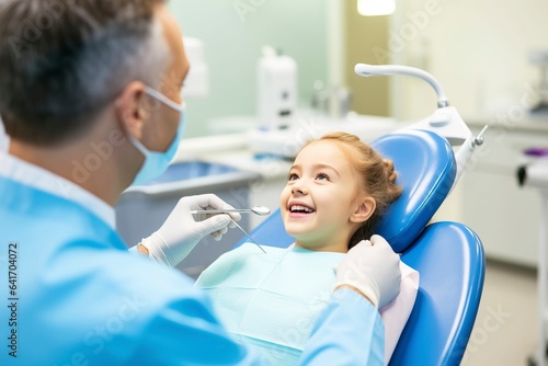 A cheerful young child sits in the dentist's chair, highlighting the importance of dental care. 'generative AI' 