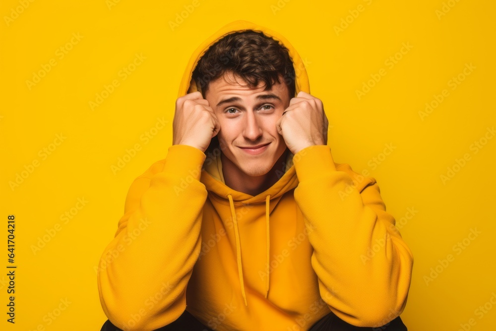 Lifestyle portrait photography of a satisfied boy in his 20s making a gesture of i'm cold hugging himself against a yellow background. With generative AI technology Lifestyle portrait photography of a satisfied boy in his 20s making a gesture of i'm cold hugging himself against a yellow background. With generative AI technology