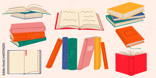 Book vector flat illustration. Stack of books, open book, closed book.