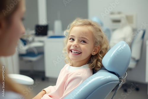 A cheerful young child sits in the dentist s chair  highlighting the importance of dental care.  generative AI 
