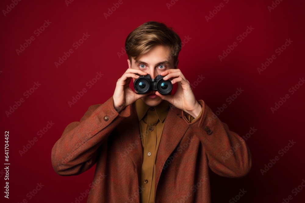 Lifestyle portrait photography of a beautiful boy in his 20s imitating the use of binoculars with the hands against a burgundy red background. With generative AI technology Lifestyle portrait photography of a beautiful boy in his 20s imitating the use of binoculars with the hands against a burgundy red background. With generative AI technology