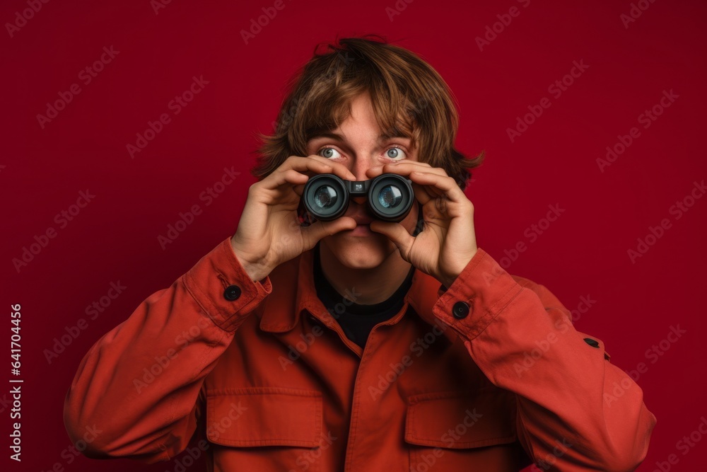 Lifestyle portrait photography of a beautiful boy in his 20s imitating the use of binoculars with the hands against a burgundy red background. With generative AI technology Lifestyle portrait photography of a beautiful boy in his 20s imitating the use of binoculars with the hands against a burgundy red background. With generative AI technology