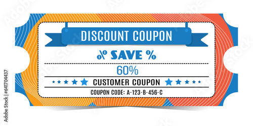 60% off discount coupon in trendy minimalist style with color spots and line. Coupon for sale, promotions. Isolated on white background.