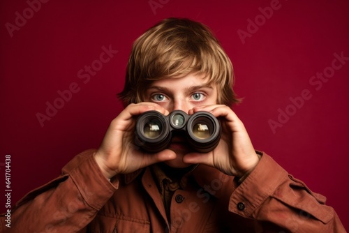 Lifestyle portrait photography of a beautiful boy in his 20s imitating the use of binoculars with the hands against a burgundy red background. With generative AI technology