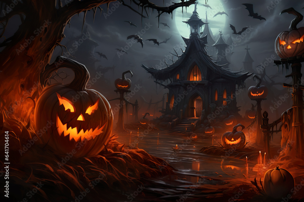 Spooky Halloween scene including a dark area with a scary house and a lot of Halloween pumpkin lanterns.