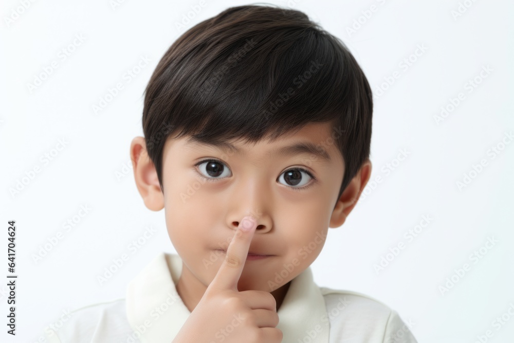 Close-up portrait photography of a joyful kid male making a gesture of silence with his finger on his lips. With generative AI technology Close-up portrait photography of a joyful kid male making a gesture of silence with his finger on his lips. With generative AI technology