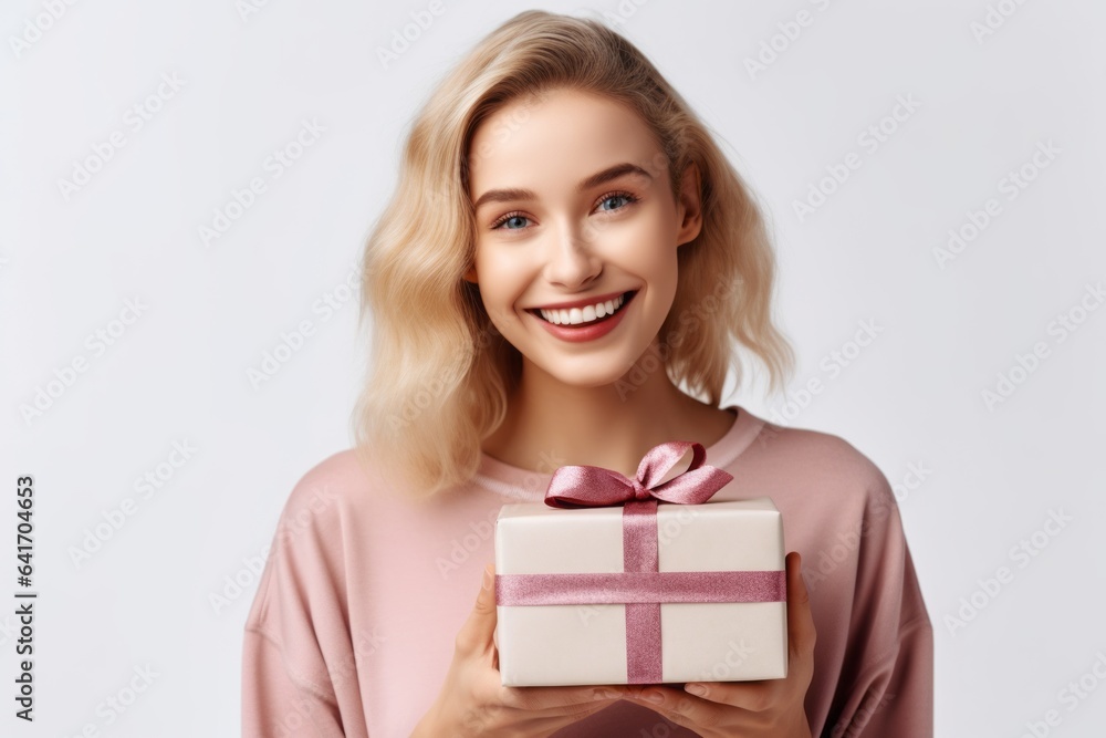 Close-up portrait photography of a happy girl in her 30s holding a gift against a pearl white background. With generative AI technology Close-up portrait photography of a happy girl in her 30s holding a gift against a pearl white background. With generative AI technology