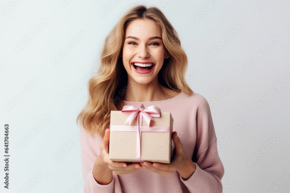 Close-up portrait photography of a happy girl in her 30s holding a gift against a pearl white background. With generative AI technology Close-up portrait photography of a happy girl in her 30s holding a gift against a pearl white background. With generative AI technology