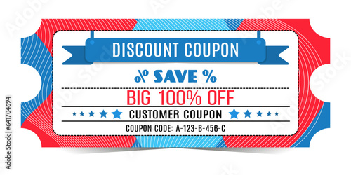100% off special discount coupon in trendy minimalist style with color spots and line. Coupon for sale, promotions. Isolated on white background.