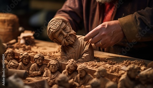 Photo of a sculptor carving a wooden statue