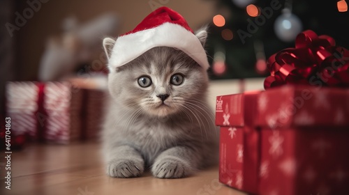 cute kitten wearing a tiny Santa's hat and sitting between Christmas gift boxes underneath the christmas tree