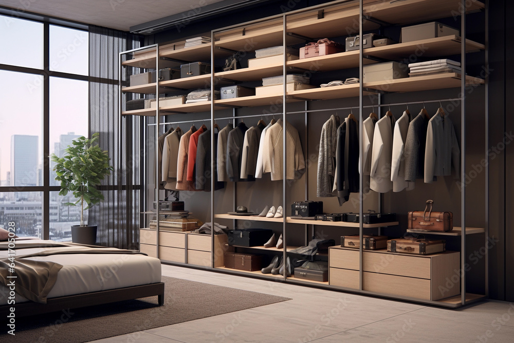 Modern wardrobe in the room.