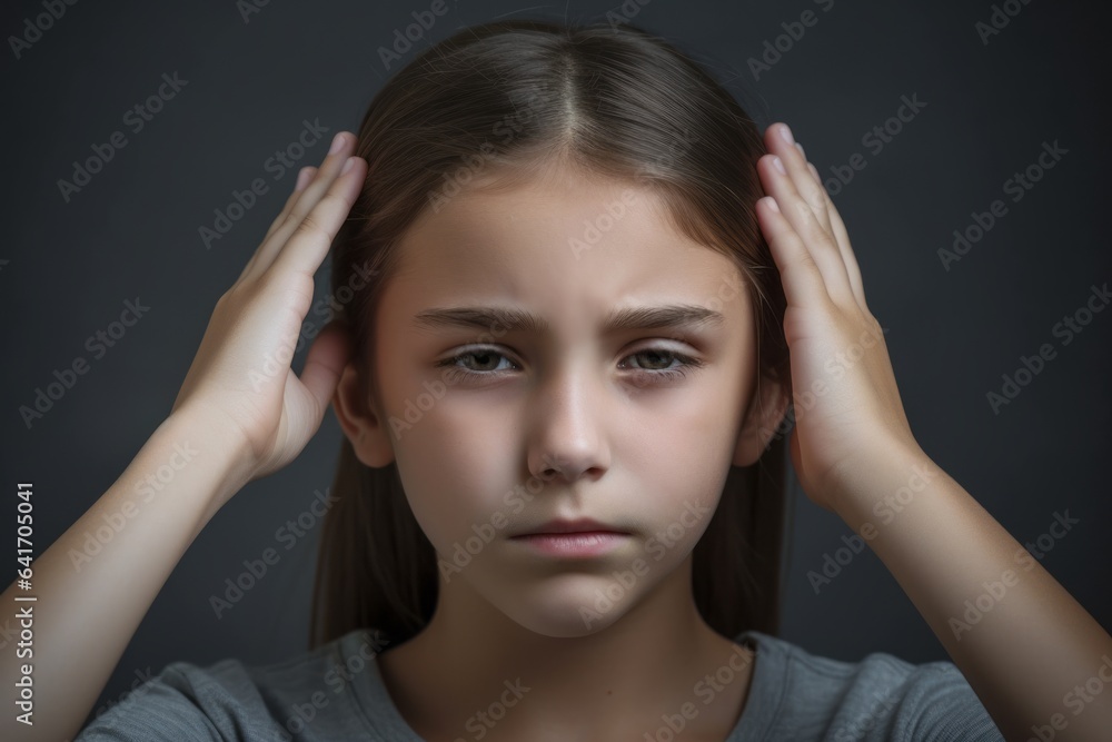 Headshot portrait photography of a glad kid female holding the hand on the forehead in a headache gesture against a metallic silver background. With generative AI technology Headshot portrait photography of a glad kid female holding the hand on the forehead in a headache gesture against a metallic silver background. With generative AI technology