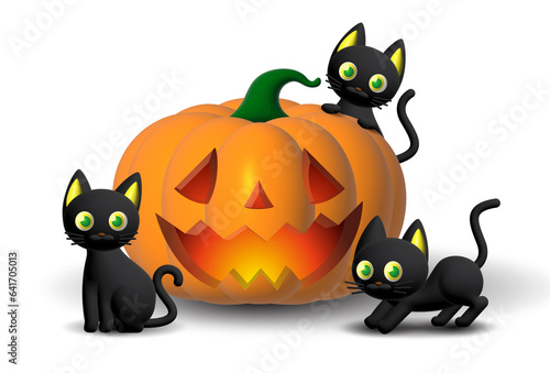 Fototapeta Naklejka Na Ścianę i Meble -  Holiday Halloween set of themed decorative elements for design. 3d objects in cartoon style. Pumpkin with cats.