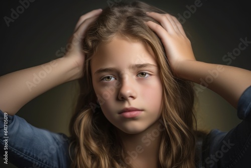 Headshot portrait photography of a glad kid female holding the hand on the forehead in a headache gesture against a metallic silver background. With generative AI technology