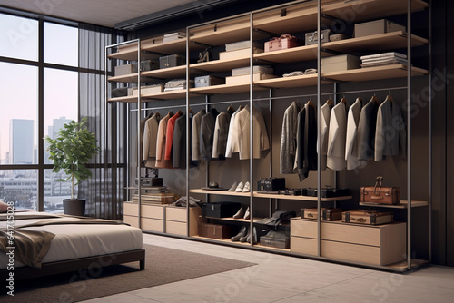 Modern wardrobe in the room. © pavlofox