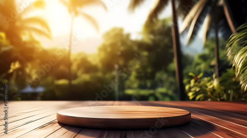 Wooden empty podium on table for product display and blurred tropical background. Generative ai design concept. © PicItUp
