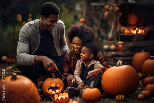 A Happy Afrikan Amerikan family is sitting in the yard during Halloween