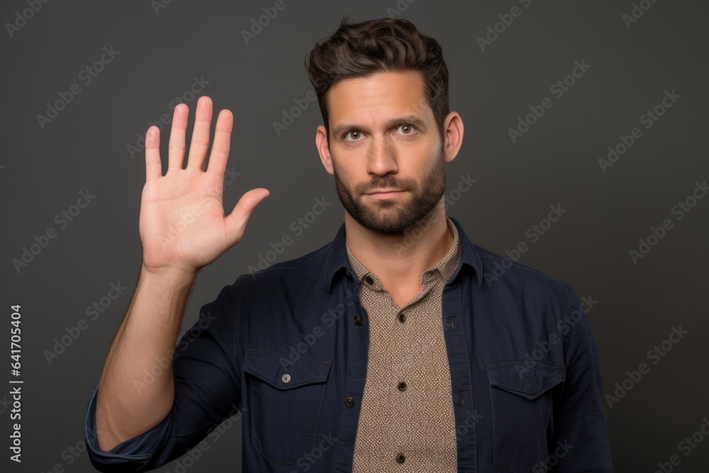 Headshot portrait photography of a satisfied boy in his 30s making a no or stop gesture with the extended palm against a beige background. With generative AI technology Headshot portrait photography of a satisfied boy in his 30s making a no or stop gesture with the extended palm against a beige background. With generative AI technology