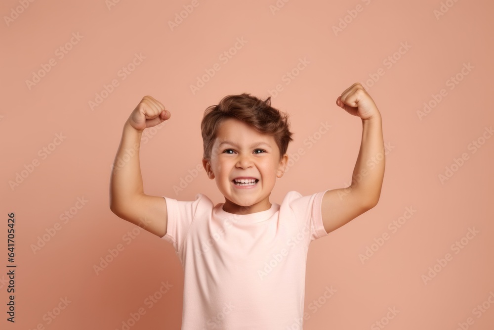 Medium shot portrait photography of a joyful boy in his 30s making a i'm strong gesture showing muscles against a beige background. With generative AI technology Medium shot portrait photography of a joyful boy in his 30s making a i'm strong gesture showing muscles against a beige background. With generative AI technology