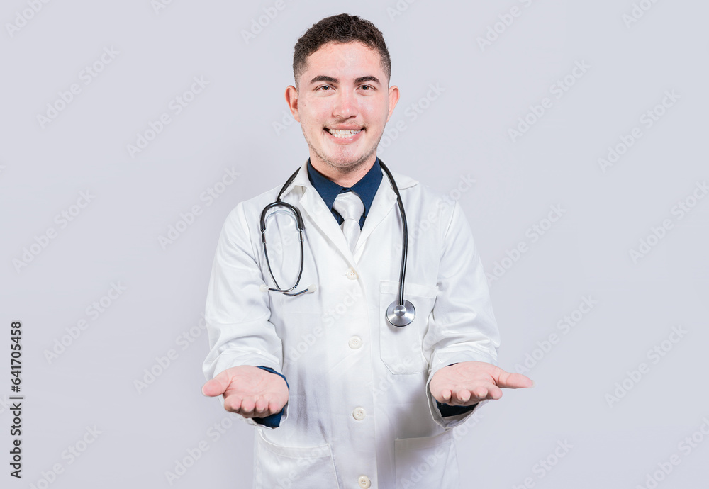 Cheerful doctor extending hands welcome. Friendly doctor extending hand in welcome isolated. Happy doctor extending hand to camera Cheerful doctor extending hands welcome. Friendly doctor extending hand in welcome isolated. Happy doctor extending hand to camera