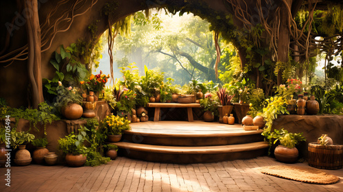 A rustic wooden stage, nestled amidst a serene garden setting, perfect for organic products © Nilima