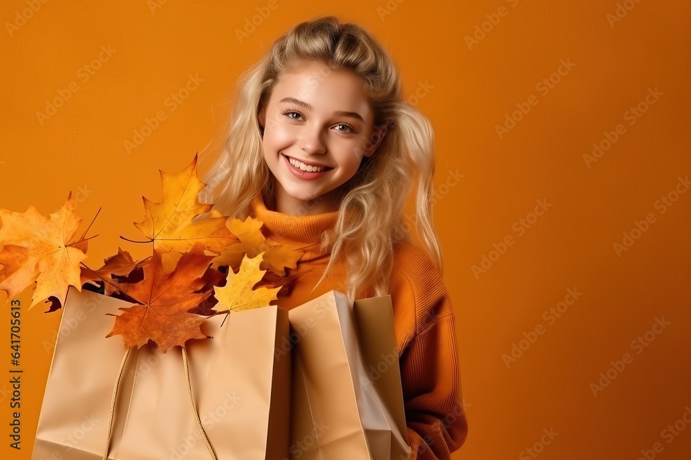 Autumn Shopping - Blonde Girl with Bags and Leaves on Orange Autumn Shopping - Blonde Girl with Bags and Leaves on Orange