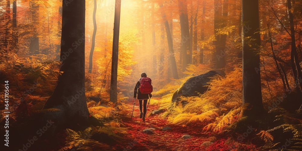 Tourists trekking amazing autumn forest in the morning sunlight. Red and yellow leaves on trees in the forest golden forest landscape