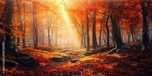 Tourists trekking amazing autumn forest in the morning sunlight. Red and yellow leaves on trees in the forest golden forest landscape