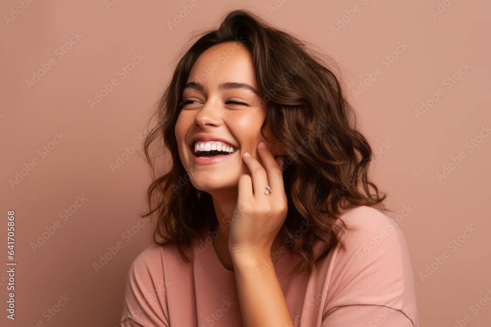 Headshot portrait photography of a satisfied girl in her 30s placing the hand over the mouth in a laughter gesture against a warm taupe background. With generative AI technology Headshot portrait photography of a satisfied girl in her 30s placing the hand over the mouth in a laughter gesture against a warm taupe background. With generative AI technology