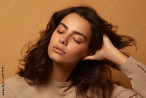 Close-up portrait photography of a satisfied girl in her 30s putting the hand on the forehead to look for someone in the distance against a warm taupe background. With generative AI technology