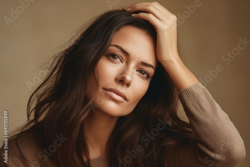 Close-up portrait photography of a satisfied girl in her 30s putting the hand on the forehead to look for someone in the distance against a warm taupe background. With generative AI technology