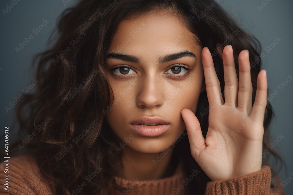 Close-up portrait photography of a glad girl in her 20s making a sorry gesture with hands together against a warm taupe background. With generative AI technology Close-up portrait photography of a glad girl in her 20s making a sorry gesture with hands together against a warm taupe background. With generative AI technology