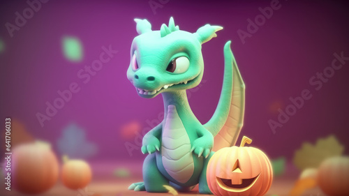 3d cute blue dragon character on blurred background with halloween pumpkin ornament