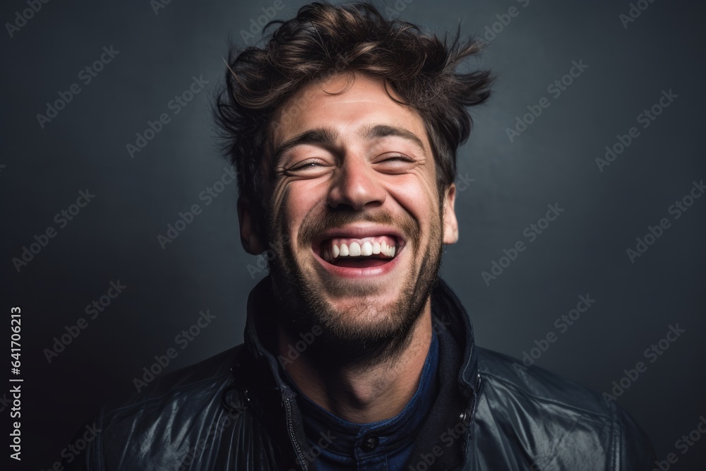 Lifestyle portrait photography of a joyful boy in his 30s winking against a cool gray background. With generative AI technology