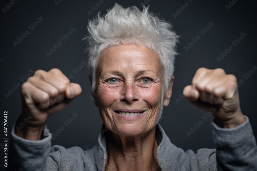Close-up portrait photography of a tender mature woman gesturing victory against a cool gray background. With generative AI technology Close-up portrait photography of a tender mature woman gesturing victory against a cool gray background. With generative AI technology