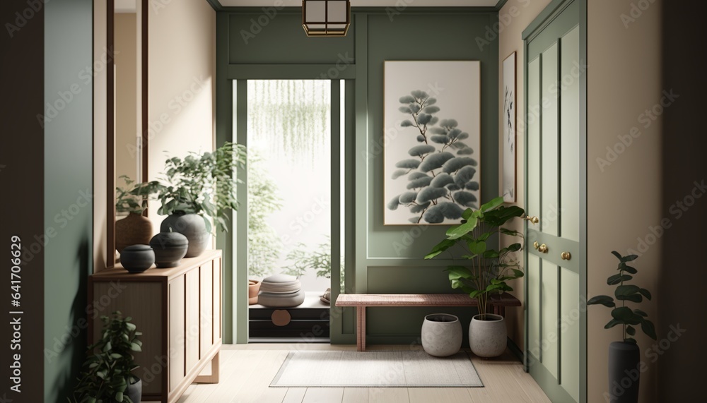 Fototapeta premium Japandi interior style green colored bright hallway with natural wood furnitures and bonsai tree