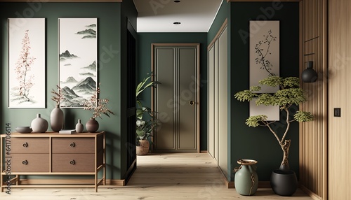 Japandi interior style green colored bright hallway with natural wood furnitures and bonsai tree