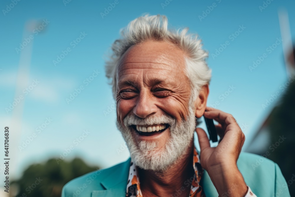 Close-up portrait photography of a joyful mature man talking on the phone against a tropical teal background. With generative AI technology Close-up portrait photography of a joyful mature man talking on the phone against a tropical teal background. With generative AI technology