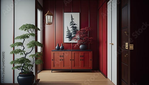 Japandi interior style cherry colored bright hallway with natural wood furnitures and bonsai tree