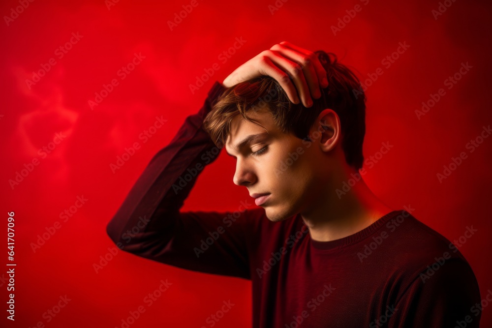 Φωτογραφία Lifestyle portrait photography of a tender boy in his 20s holding the hand on the forehead in a headache gesture against a ruby red background